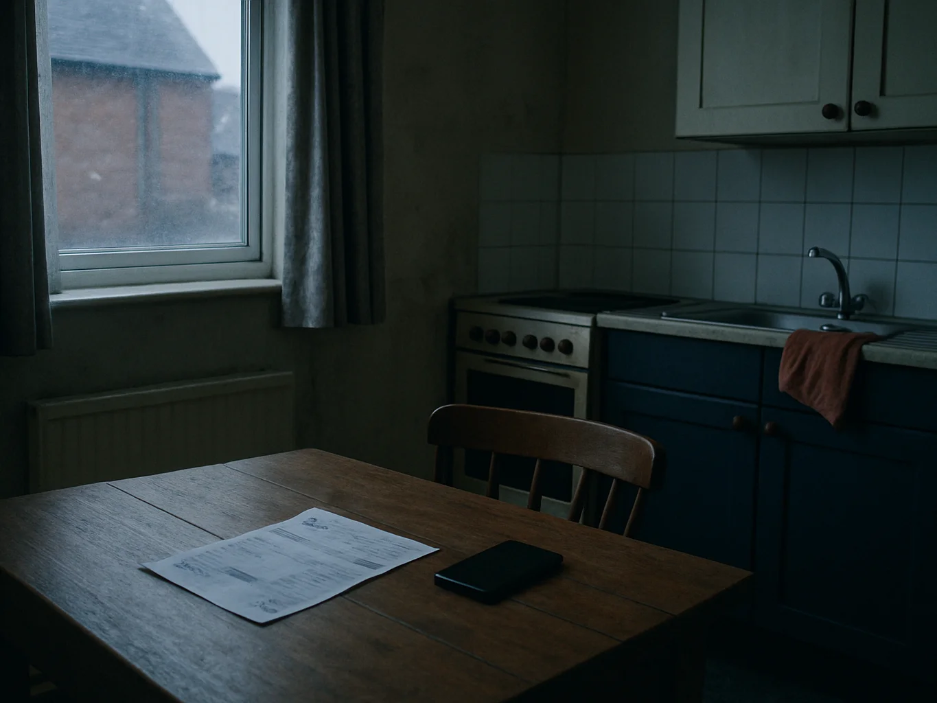 Ordinary UK terraced house interior, damp grey daylight through a