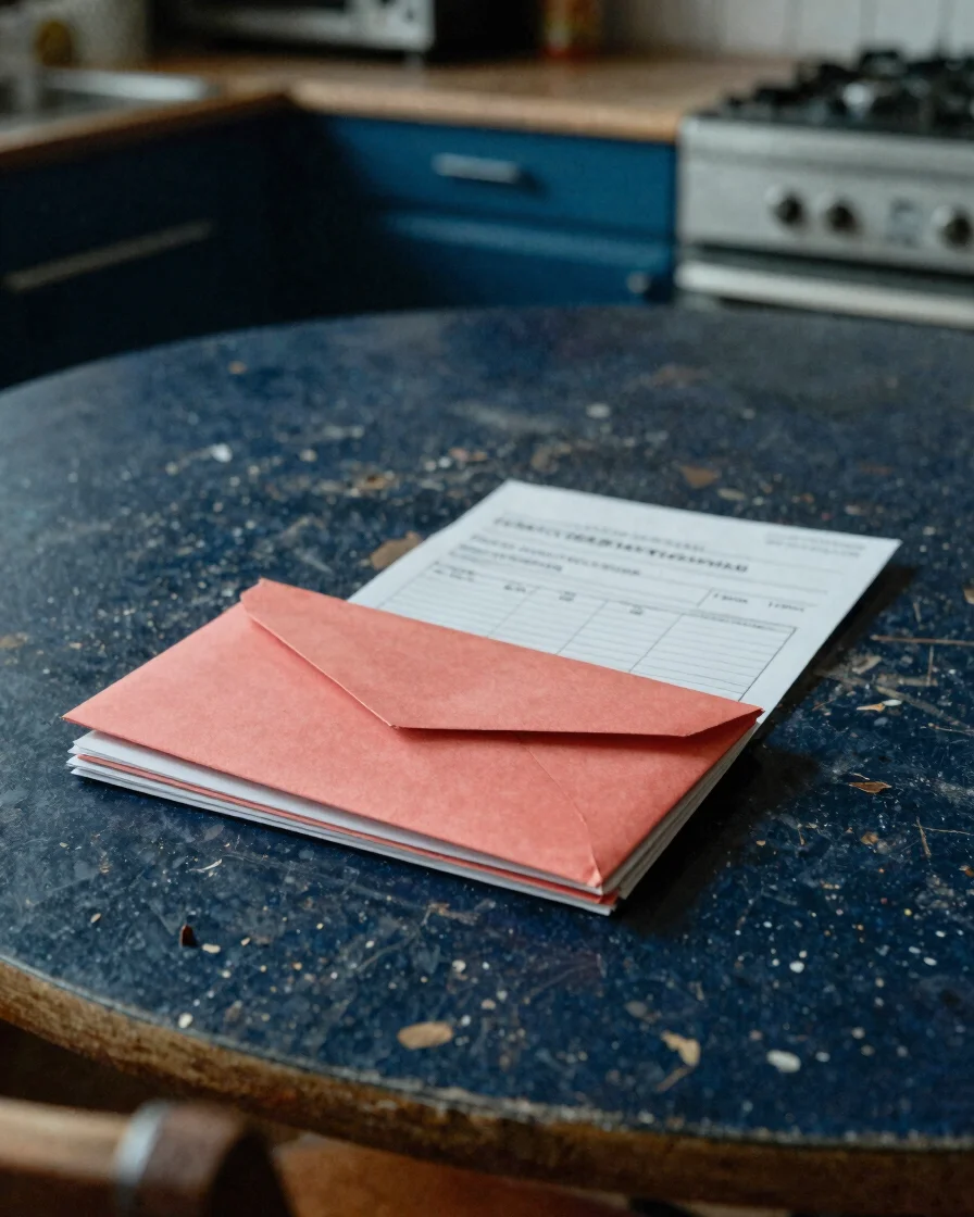Editorial documentary photograph of a worn kitchen table in an ordinary UK flat, a stack of unopened envelopes and a pri